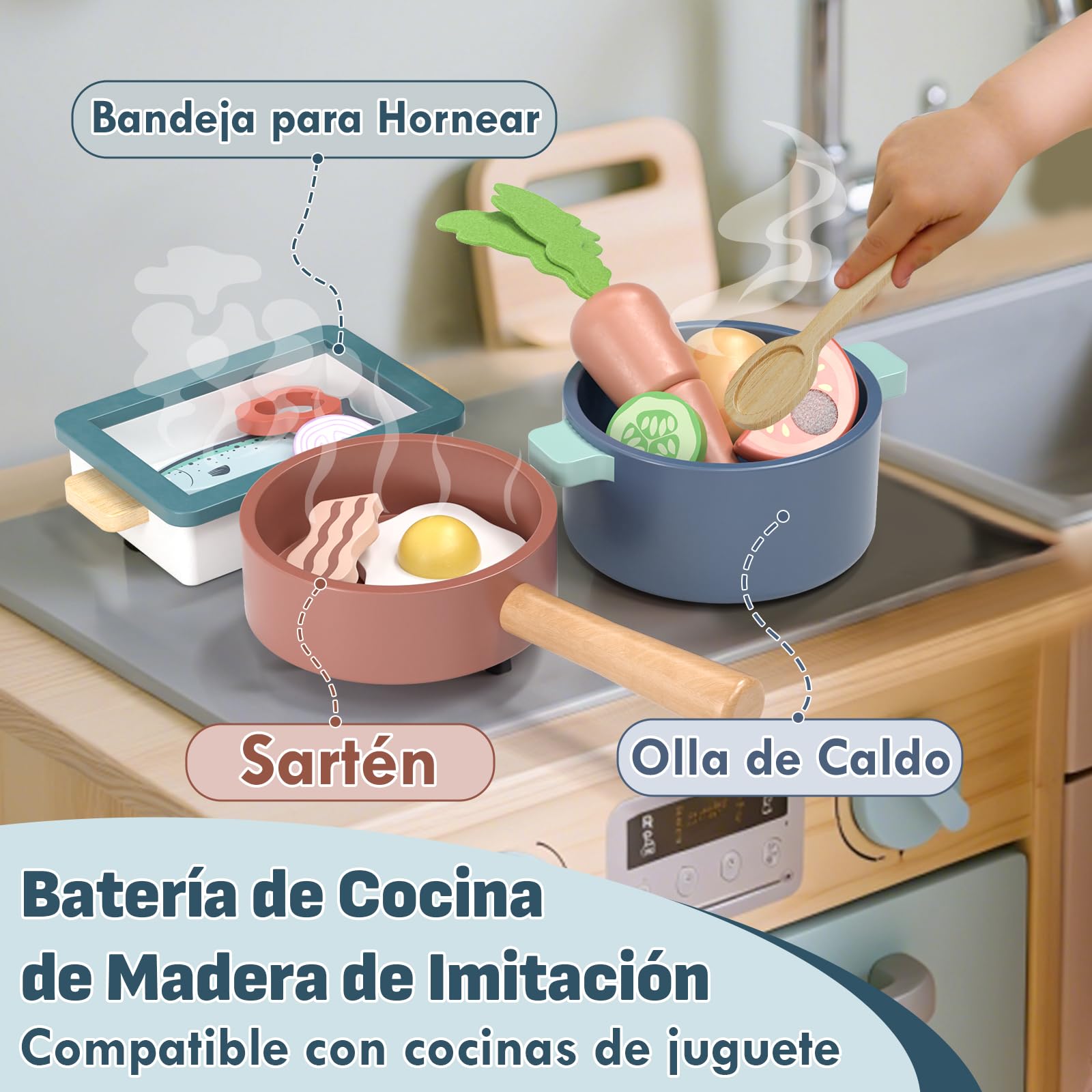 Lehoo Castle Accesorios Cocina Juguetes, Comida Madera Juguete, Comida Juguete Cocinita Ollas y Sartenes, Cocinita de Madera Infantil, Juguetes Montessori 2 3 4 Año