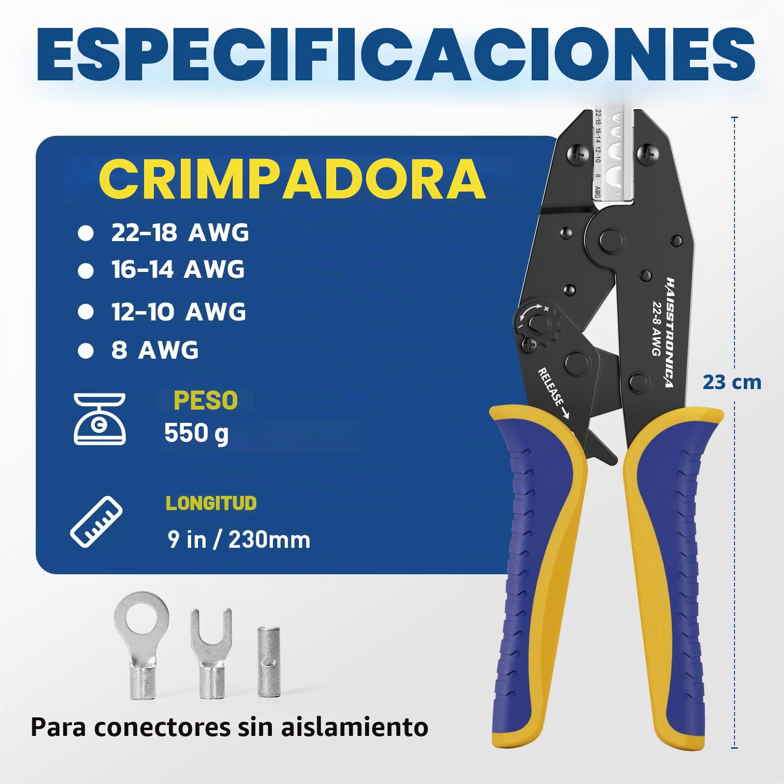Haisstronica Crimpadora para Terminales No Aislados 0,5–10 mm² AWG22–8 Alicate de Carraca