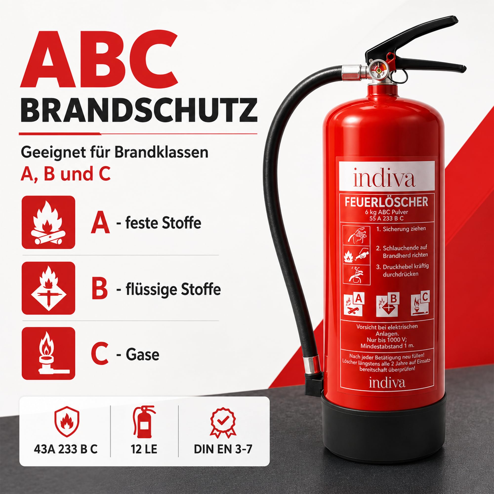 Pulverfeuerlöscher Brandklassen ABC - Feuerlöscher 6kg - Dauerdrucklöscher 43A 233 B C - Löscher für Auto, Büro, Werkstatt, Lager & Industrie - Pulverlöscher 12  Löscheinheiten
