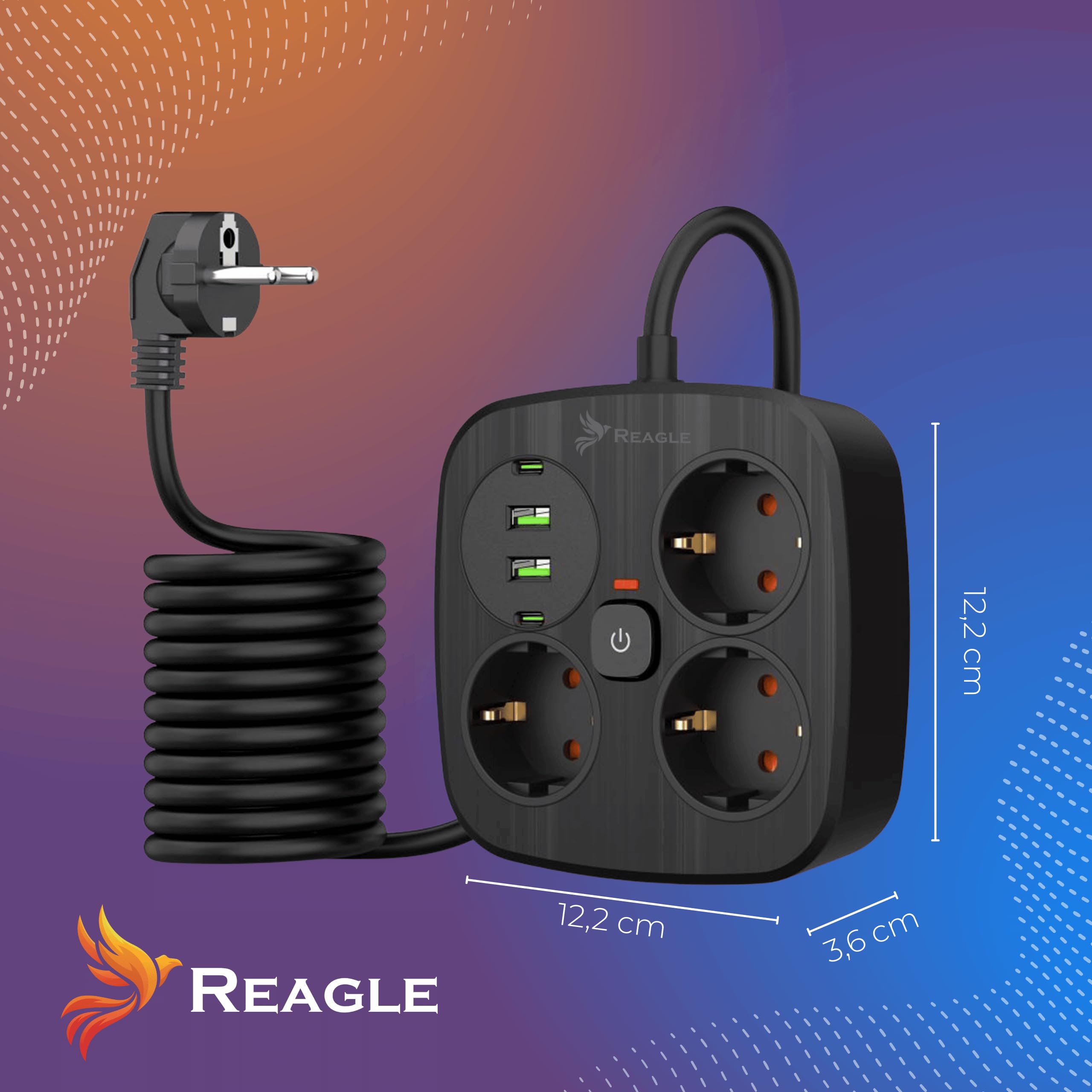 Reagle Listwa Zasilająca z 4 portami USB 2x USB 2x USB-C, Antyprzepięciowa, 3 Gniazda 230V, Przedłużacz Rozdzielacz z przełącznikiem do Oszczędzania Energii do domowego biura Kabel 3M