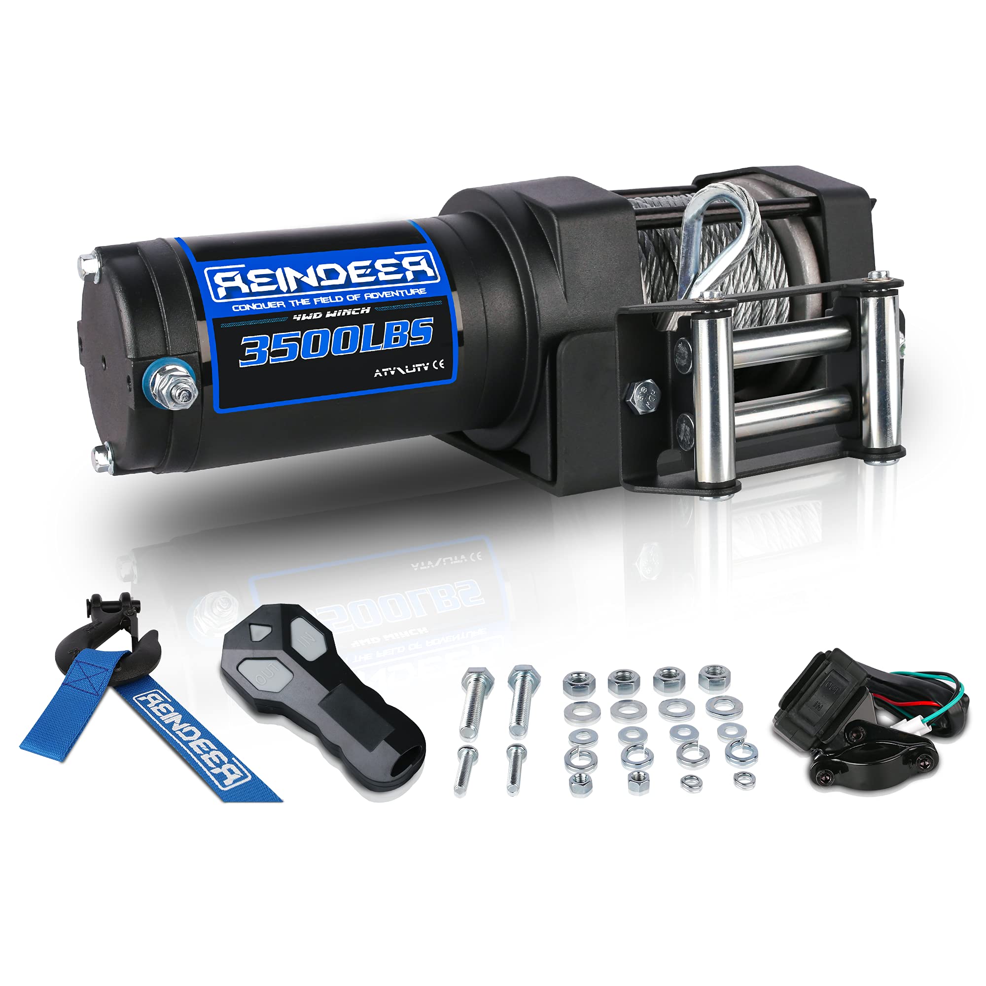 REINDEER New 12V Winch 3500 lb Load Capacity Electric Winch Kit for ATV UTV Steel Cable Wire Rope with Hawse Fairlead Waterproof IP67 with Wireless Remotes