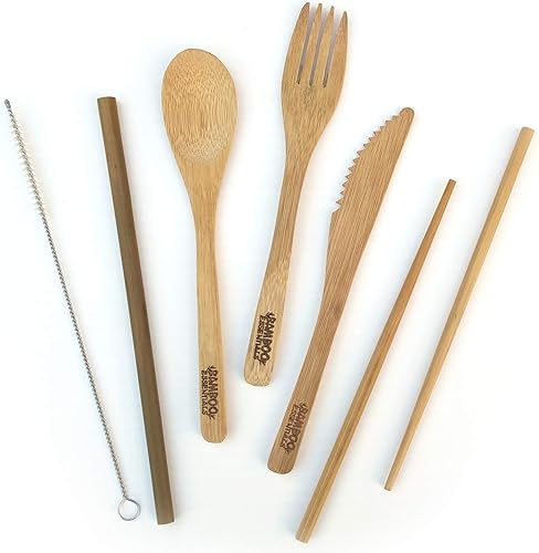 Miniatura 2 de Juego de utensilios de viaje de bambú  Tenedor de bambú, cuchillo, cuchara, palillos, pajilla, cepillo de limpieza para pajilla, bolsa de viaje y