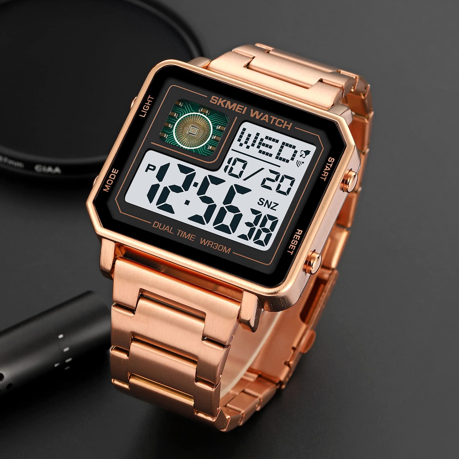 Gosasa Orologio sportivo digitale da uomo, quadrato, con quadrante grande, in acciaio inossidabile, analogico, al quarzo, con cronometro impermeabile, Oro rosato, Digitale