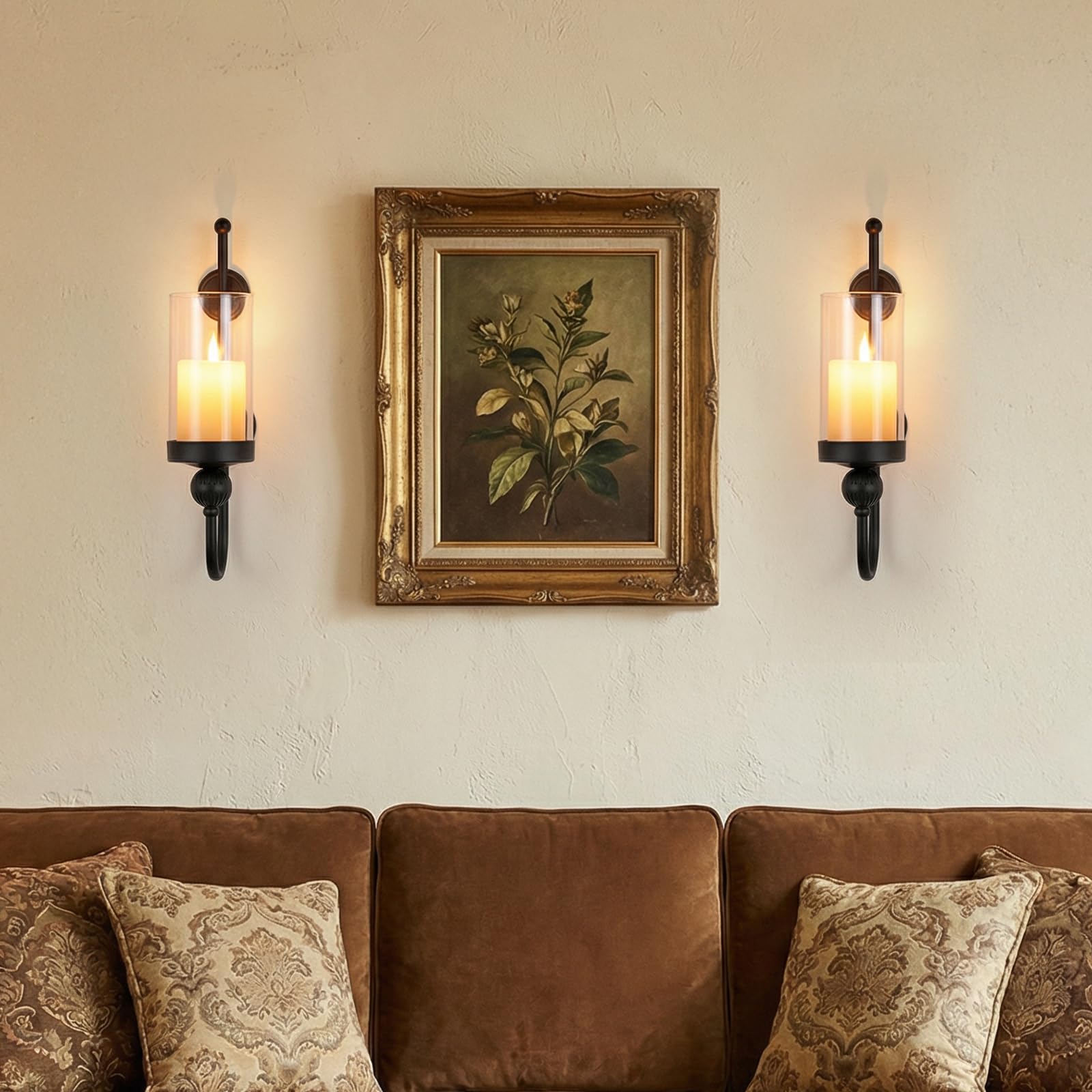 Sziqiqi Negro Portavelas de Pared Metálicos: Apliques para Pilares Juego de 2 con Cristales Antiviento - Soportes Modernos de Pared para Velas como Decoración de Pared para Salón Baño Dormitorio