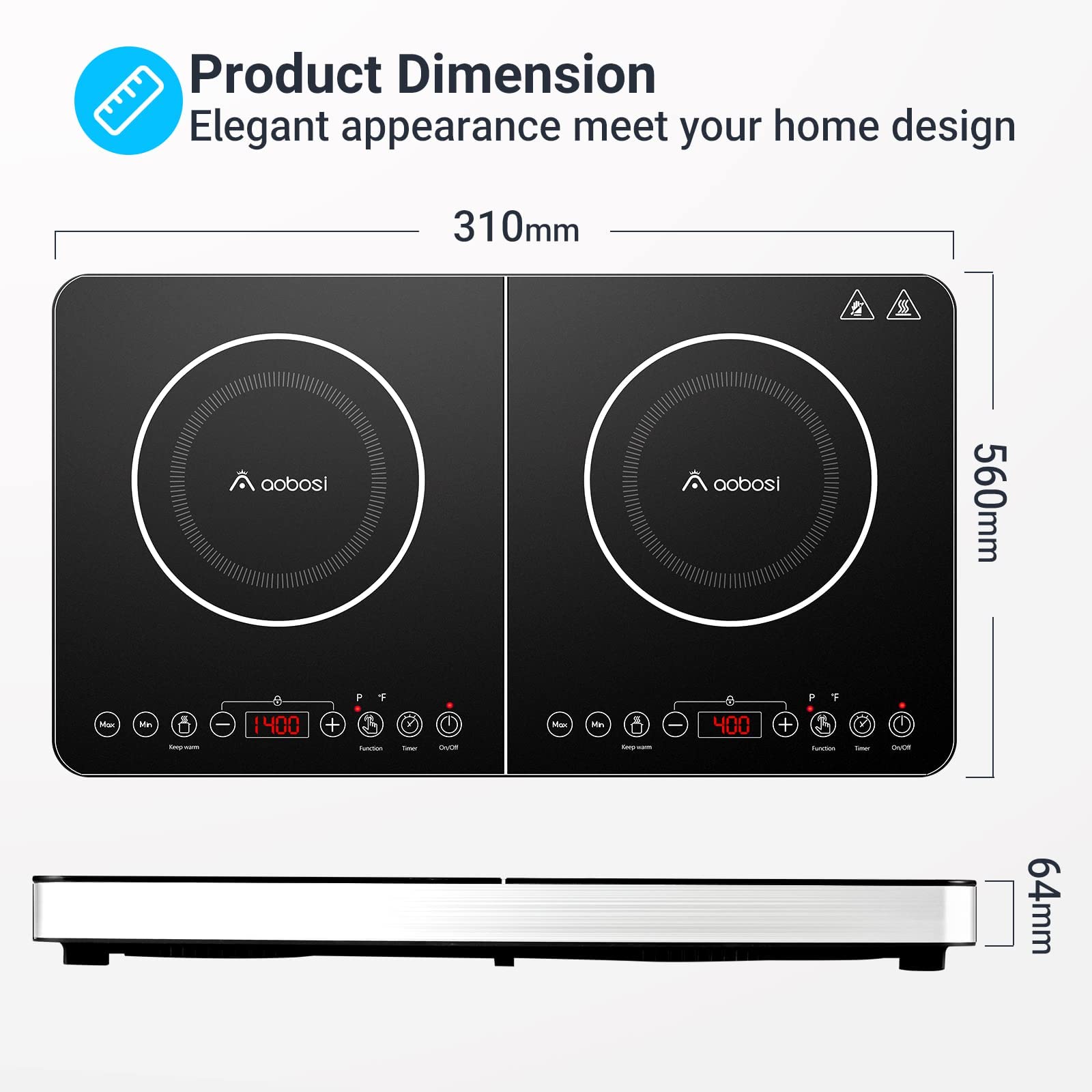 Induktionskochfeld, Aobosi Doppel Induktionskochplatte tragbares Kochfeld mit Warmhaltefunktion, 10 Temperaturstufen und 6 Leistungsstufen, Timer, Max & Min-Taste, 3500Watt, Sensor-Touch-Steuerung