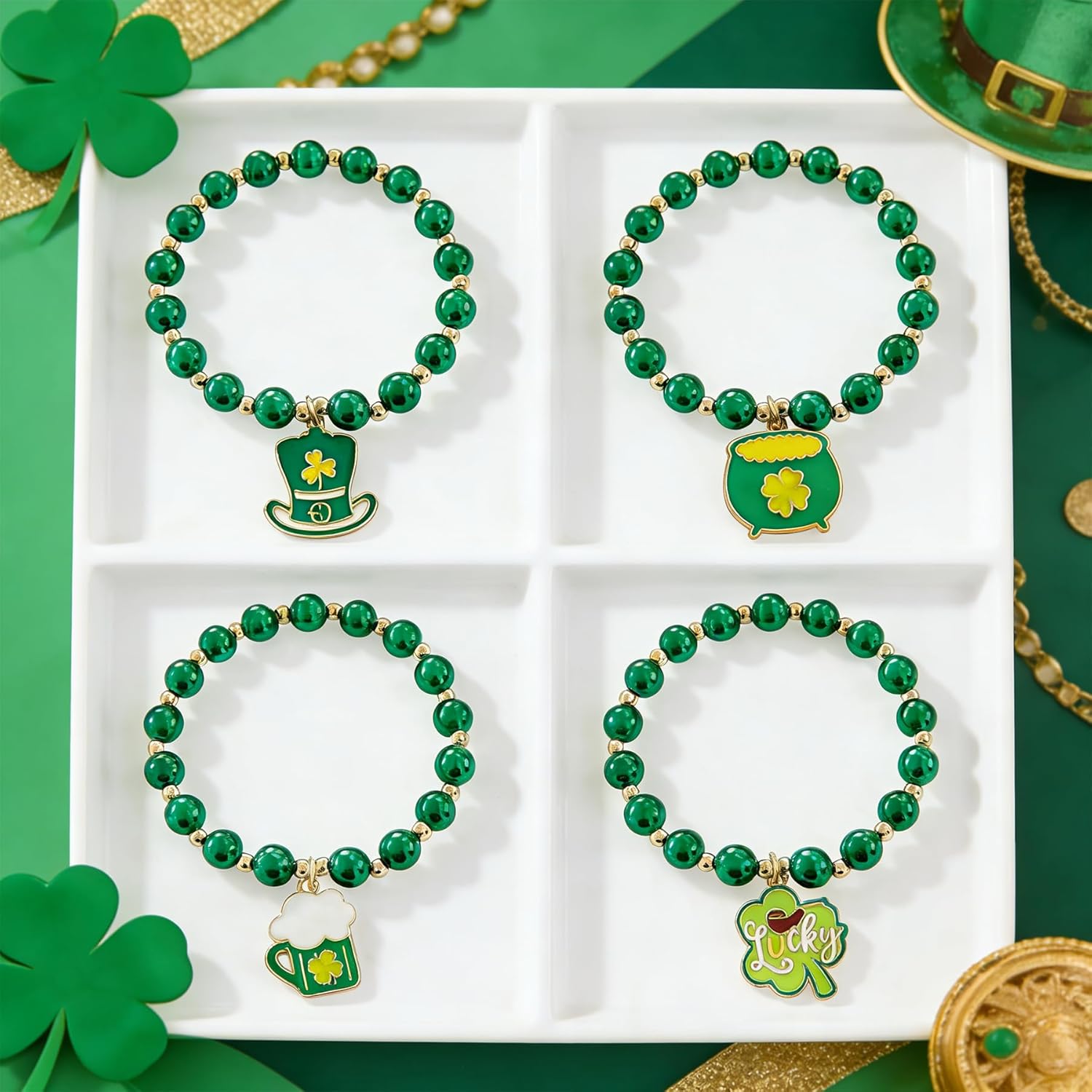 St. Patrick’s Day Green Beaded Bracelets Set for Women, Shamrock & Lucky Charm Stretch Bracelets, Irish Holiday Party Jewelry for Parade, Celebration & Everyday Wear - Image 7