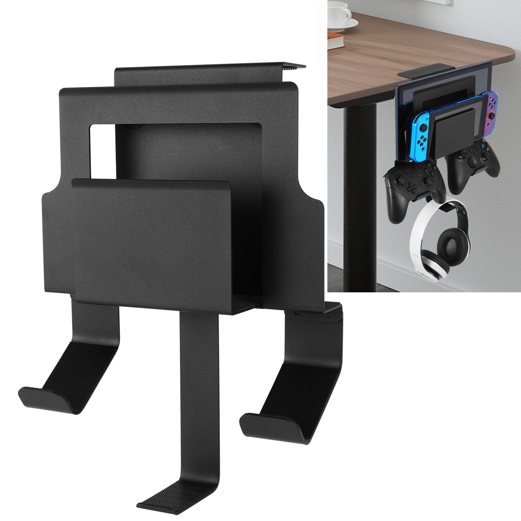 Desk Side Storage Holder,Under Desk Laptop Stand With Game Control & Headphone Hook, No Drill Game Controller Holder ,Steel Hanging Desk Storage for Office Organizer Home School Black