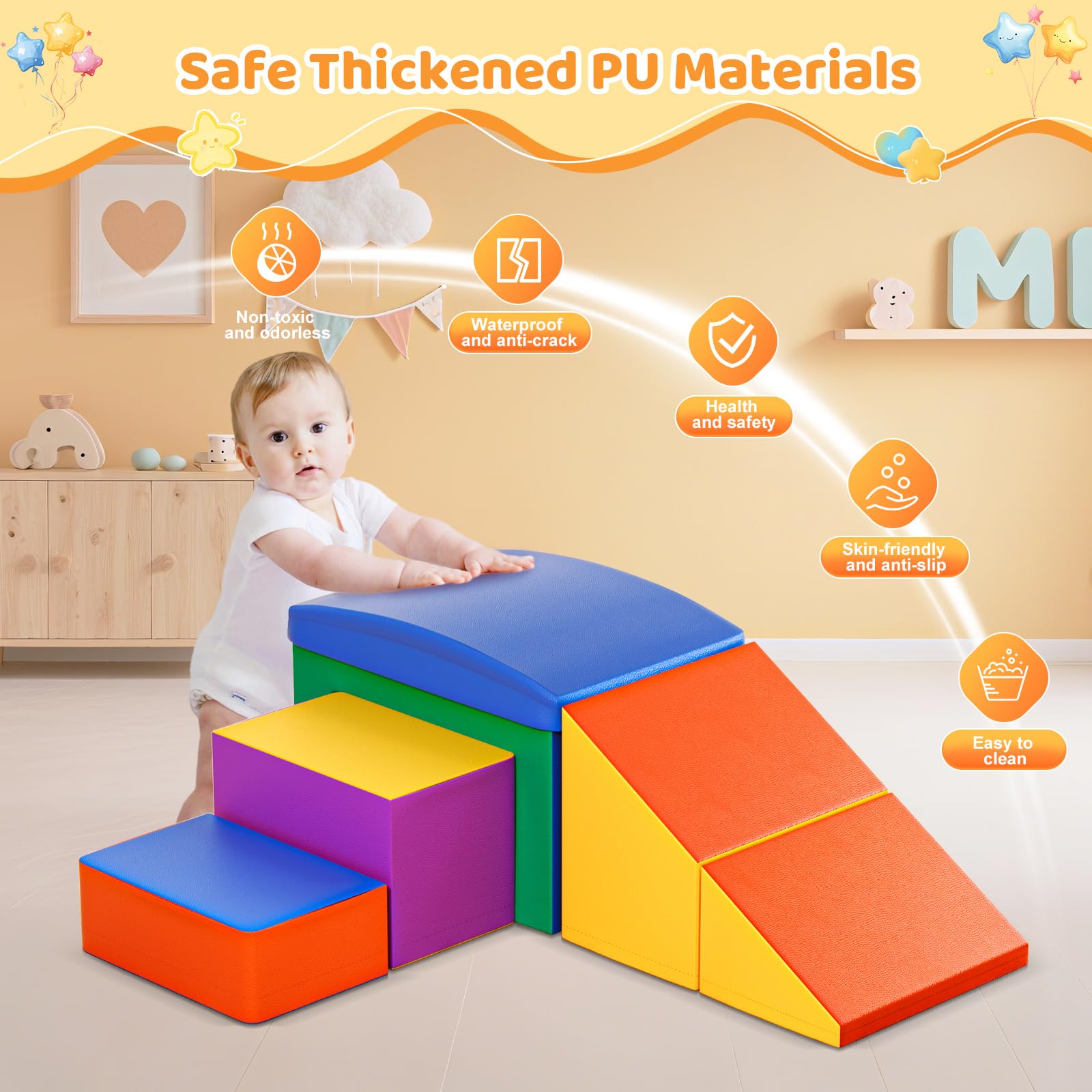 Baby-Schaumstoffbausteine, XXL Softplay-Set für Kleinkinder von 1–3 Jahren, Baby-Kletterturm mit Rutsche, große Bausteine für Indoor-Spaß (bunt-6-L)