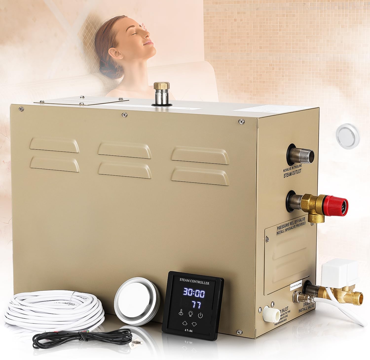9kw steam shower generator front view with LED touchscreen