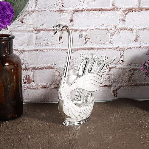 Miniatura 3 de Juego de soporte de base de cisne y 6 cucharas, de metal, para café, postre, cubiertos, tenedores, juego organizador de vajilla decorativa para