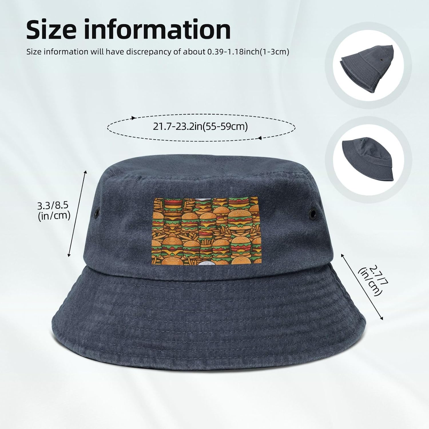 Many Cute Burgers Printed Cowboy Fisherman hat, Suitable for Outdoor Fishing Beach Party Fisherman hat Hip-hop hat, Navy Blue
