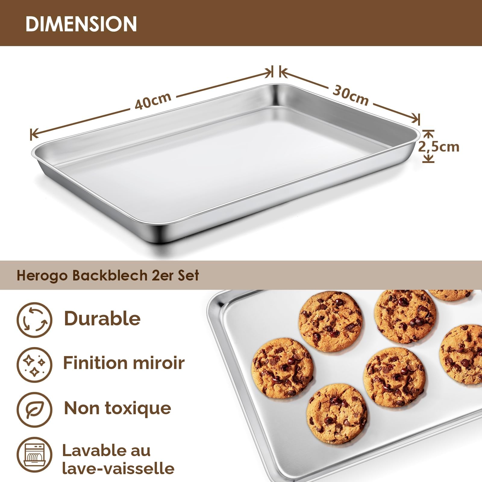 Lot de 2 plaques de cuisson Herogo en acier inoxydable, 40,5x30,5x2,5cm, grande plaque de four pour cuisson, servir, brillant et inoxydable, non toxique et sain, passe au lave-vaisselle