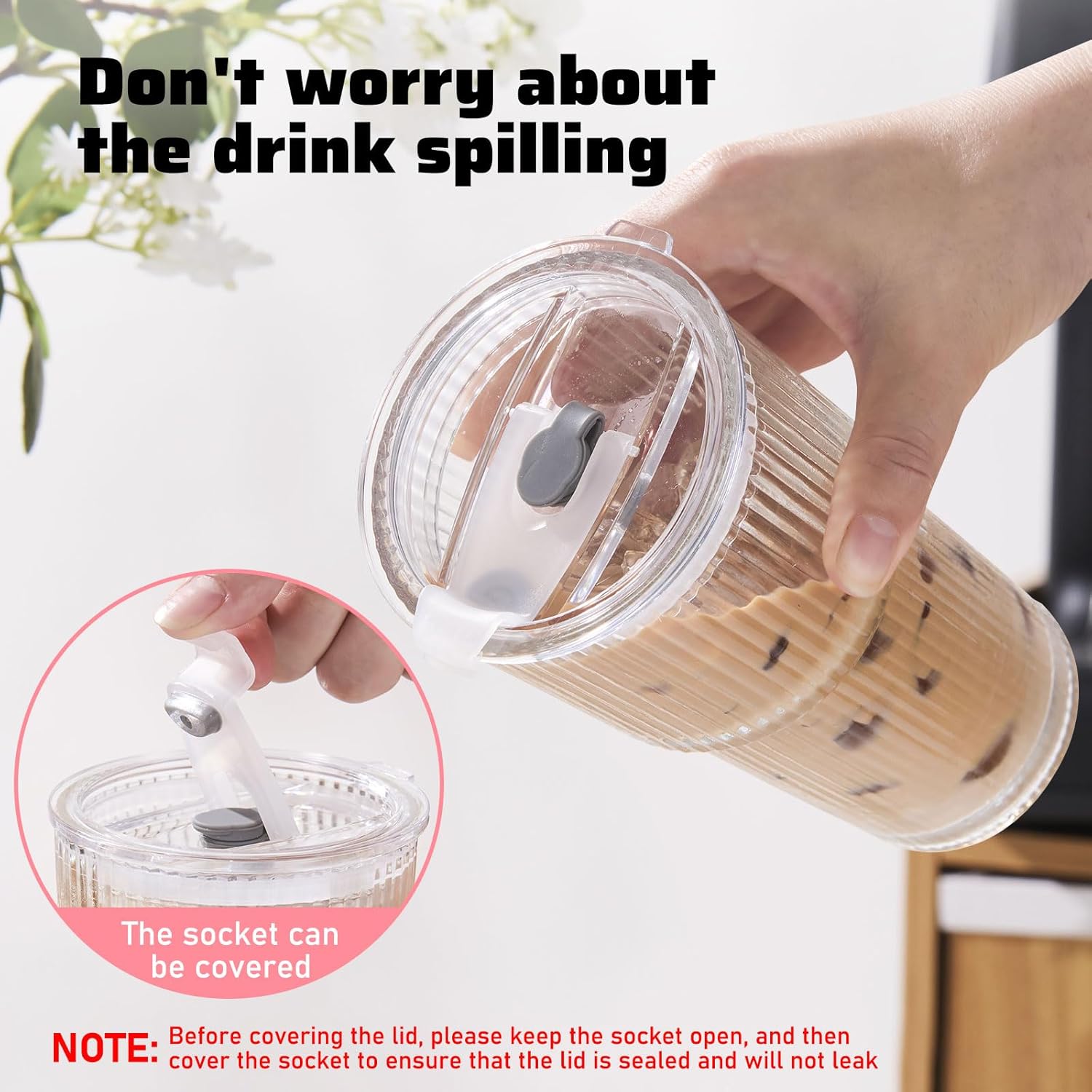 GOSCHE 20oz Glass Tumblers with Straws and Lids, Ribbed Iced Coffee Cups Leak-proof, Dishwasher Safe, Thickened Glass Cups with Lids Ideal for Coffee and Travel, Clear, 4 Pack - Image 3