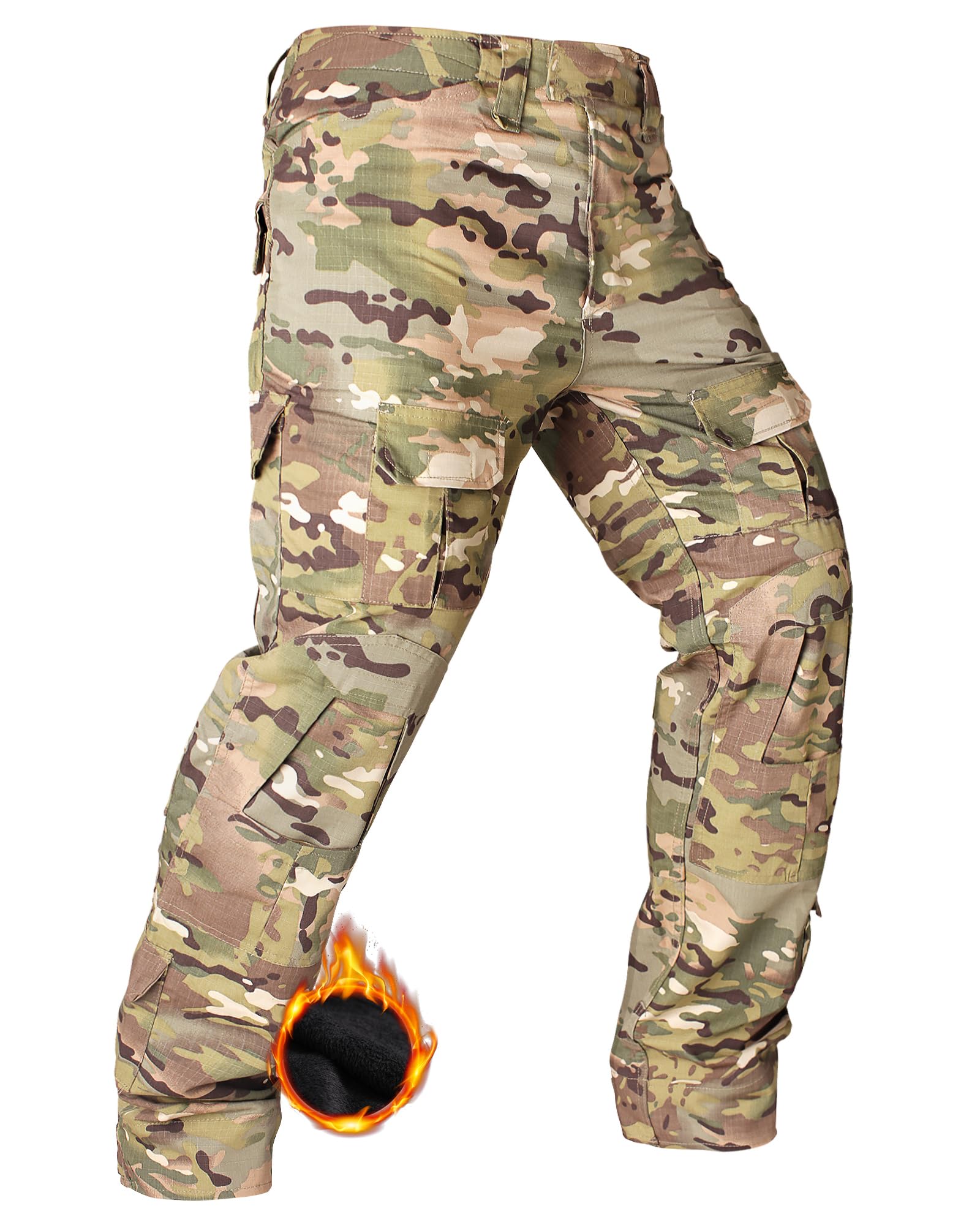 DDAPJ Pyju Fleece Lined Cargo Pants For Men Waterproof Hiking Pants Slim Fit Straight Leg Work Trousers With Multi Pockets Army Green S