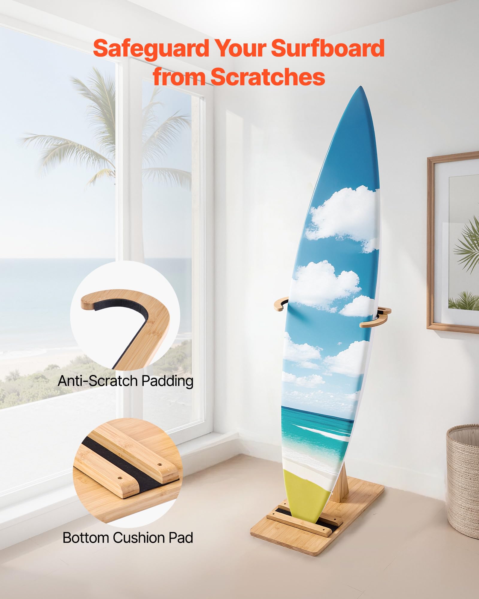 VEVOR Soporte Vertical para Tablas de Surf, Soporte de Madera para Tablas de Surf Ajustable de 370 a 665 mm, Organizador de Tabla Independiente con Relleno de Corcho, para Wakeboard, Snowboard