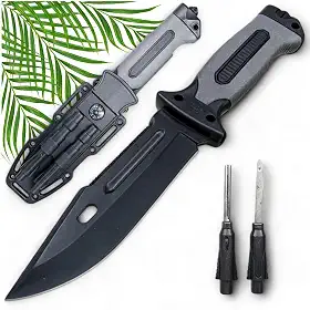 Faca Militar Com Design Ergonômico E Textura Emborrachada, Lâmina em Aço Premium, Ponta Quebra-Vidro, Bússola Integrada, Acompanha Pedreneira e Estojo para Cinto - Perfeita para Sobrevivência e Aventura