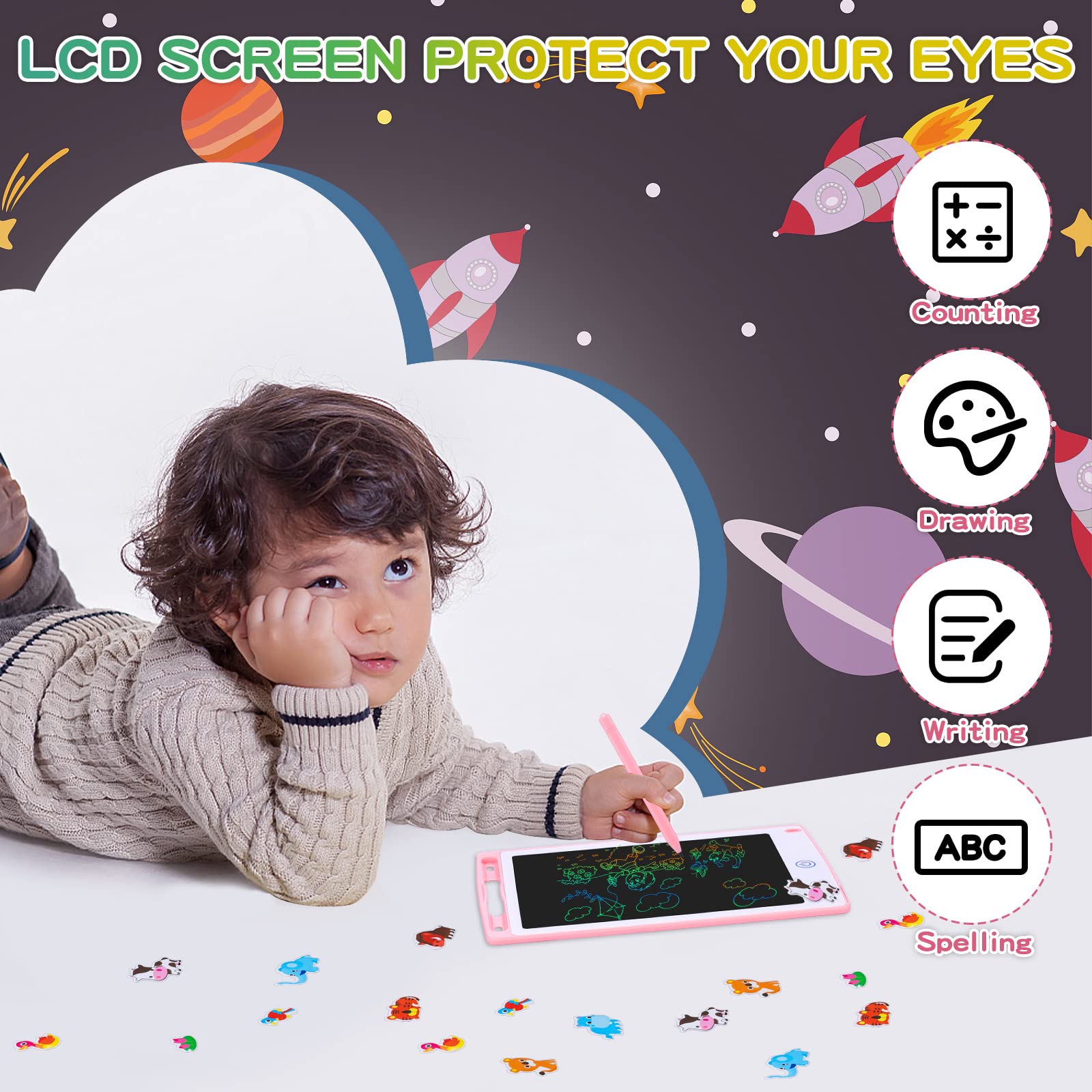 Coozlon LCD Writing Tablet for Kids, 8.5 Inch Erasable LCD Drawing Tablet for Kids with Lock Function Drawing Board for Doodle Drawing and Memo Lists,Free Animal Cartoon Stickers, Cherry Pink — view 6