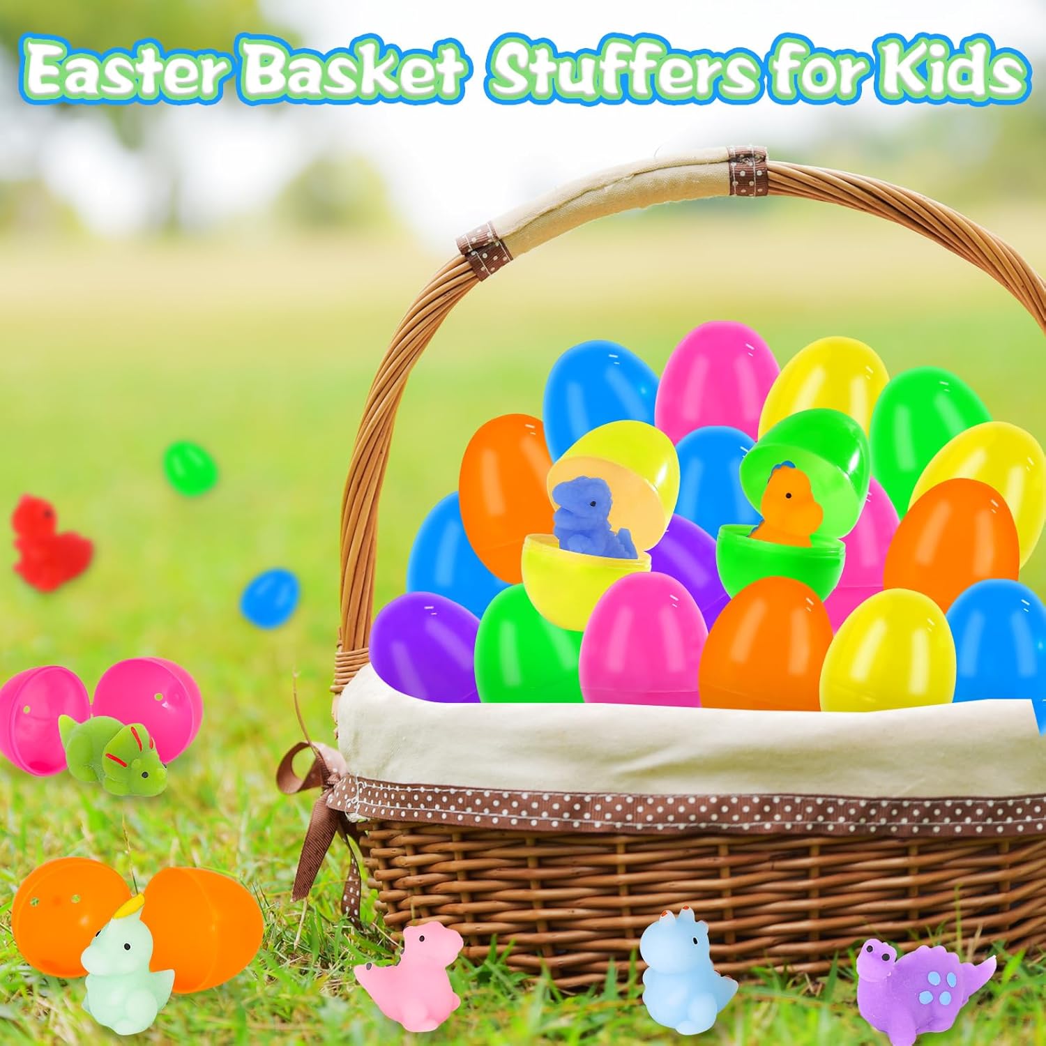 24 Pack Prefilled Easter Eggs with Squishy Dinosaur Toys inside for Kids, Easter Basket Stuffers Fillers Mochi Stress Relief Toys for Easter Hunt, Party Favor, Easter Gifts, Classroom Prizes