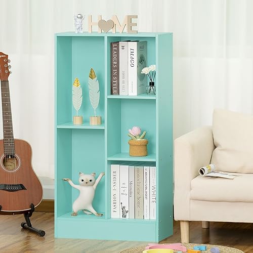 Miniatura 6 de LEYAOYAO Estantería de 5 cubos con base, estantería moderna de 3 niveles verde menta para niños, estantes anchos de pie, estante organizador de