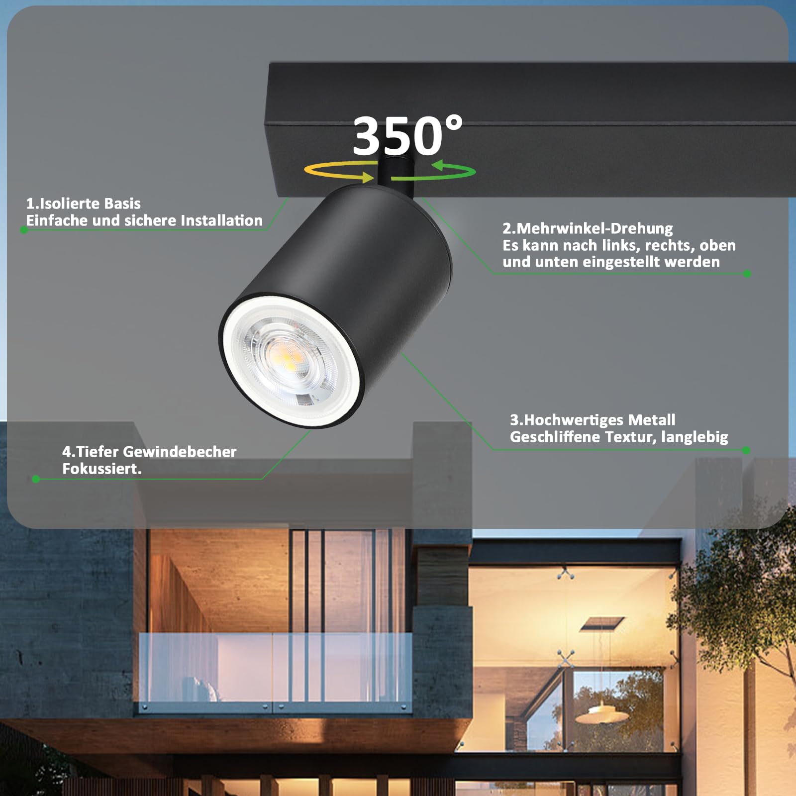 Glitzerlife reflektor sufitowy LED 6-płomieniowy - lampa sufitowa czarna GU10 obrotowy 350° długi nowoczesny reflektor sufitowy lampa kuchenna salon sypialnia korytarz MAX.25W bez żarówki