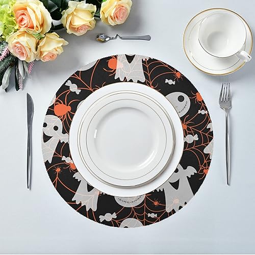 Miniatura 4 de Juego de 6 manteles individuales redondos de Halloween para mesa de cocina, manteles individuales lavables para mesa de cocina