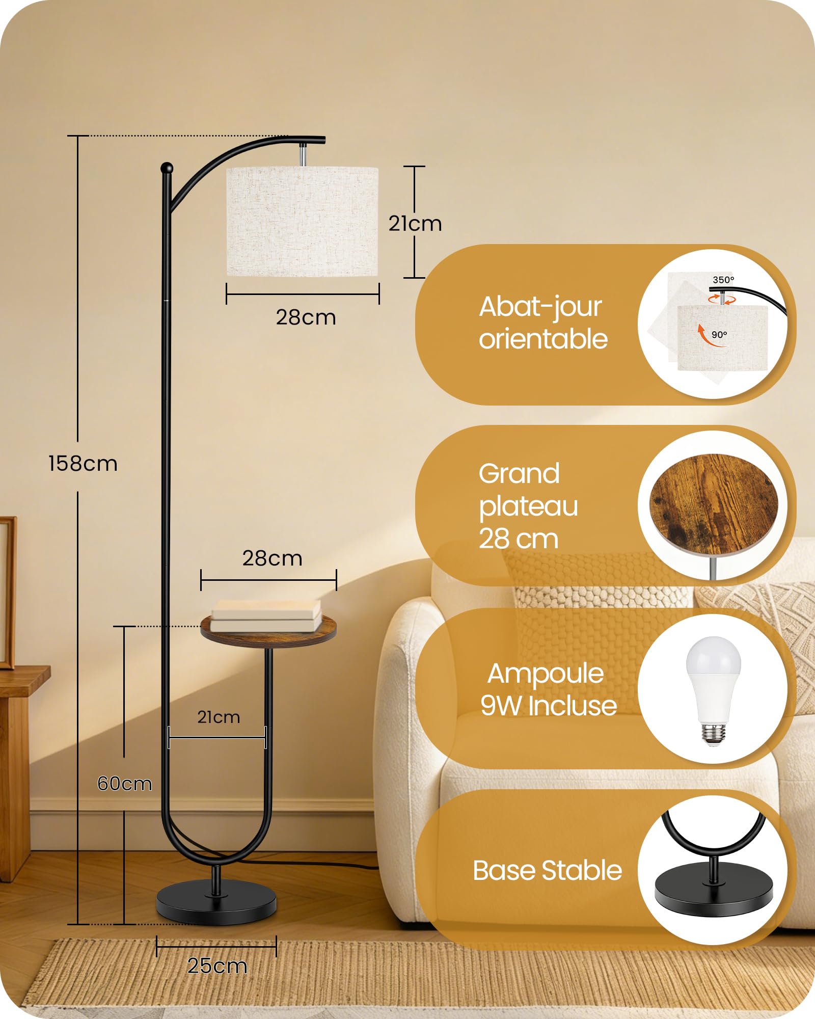 Lampadaire avec Table d’Appoint, 3 Températures, Mémoire, Tête Orientable, Abat-Jour en Lin Naturel, Interrupteur au Pied, pour Salon, Chambre, Bureau, Marron Rustique et Beige FE22LDD05