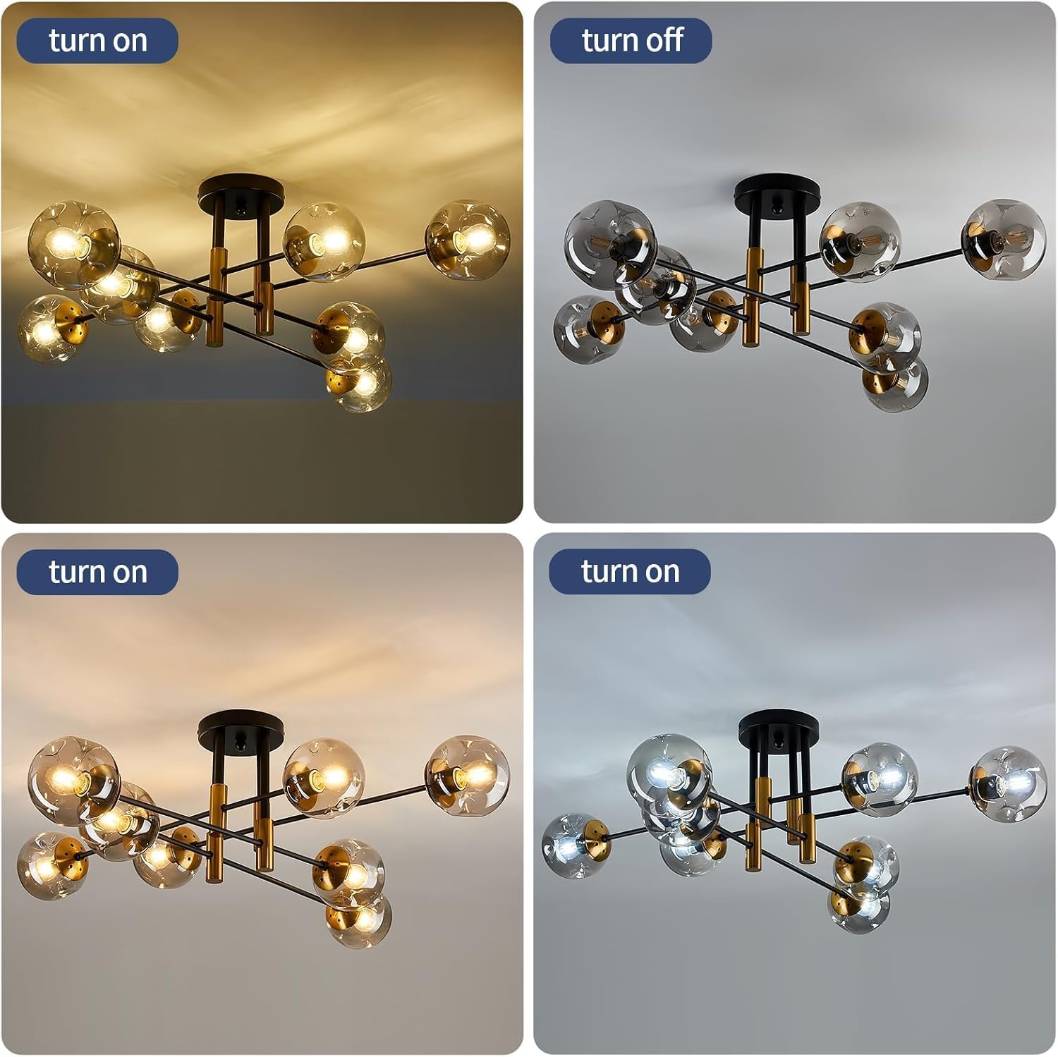8 Light Sputnik Chandelier with Glass Globe Mid Century Modent Black Gold Ceiling Light Fixture Large Flush Mount Chandelier for Dining Room Bedroom Living Room Kitchen.