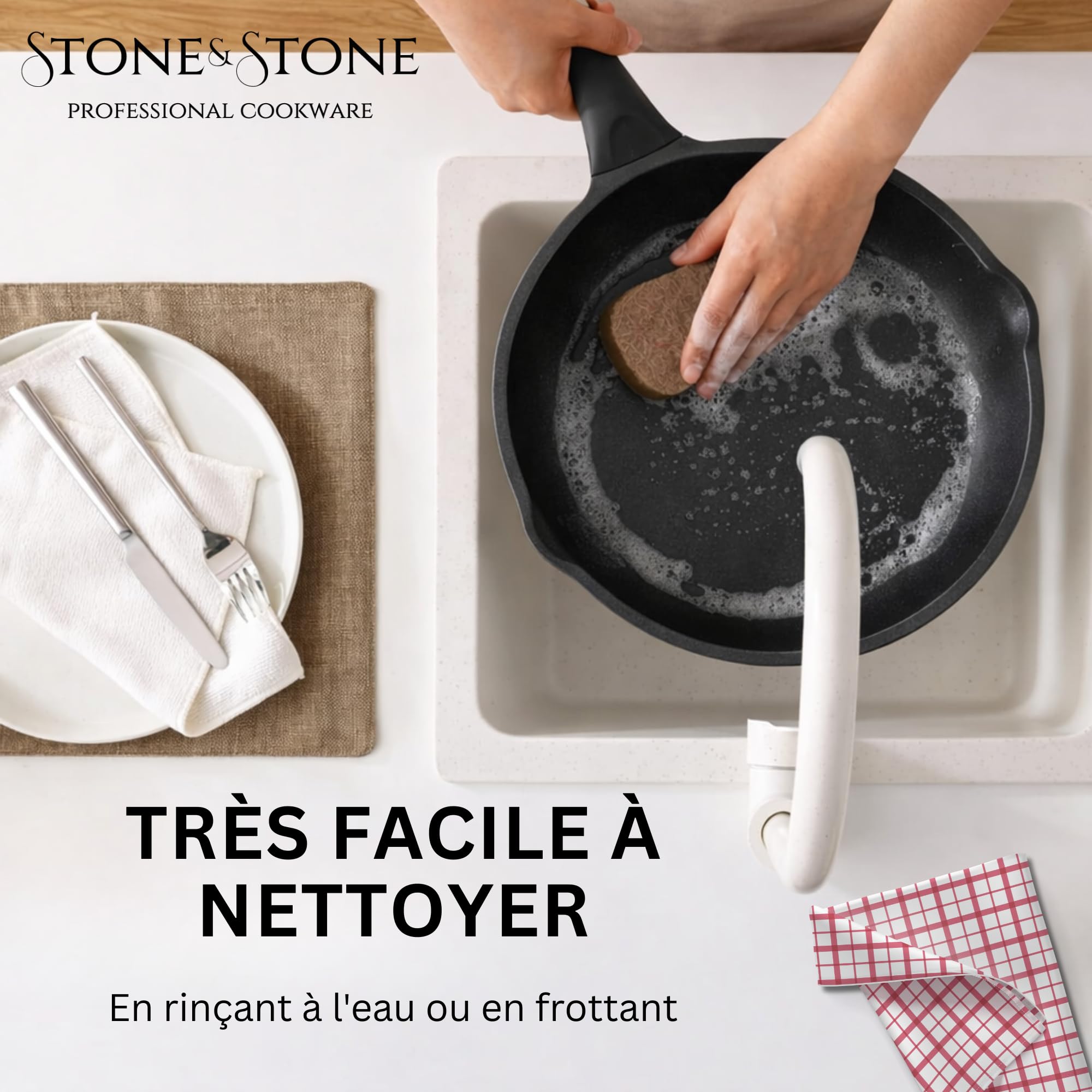 Stone&Stone Lot 2 Poêles Induction, Poêles Antiadhésives 20 cm 24 cm avec Revêtement Céramique Allemand Greblon, Batterie de Poêles Induction et Gaz, Sans PFAS, PFOA et PTFE + 2 Couvercles Cuillères