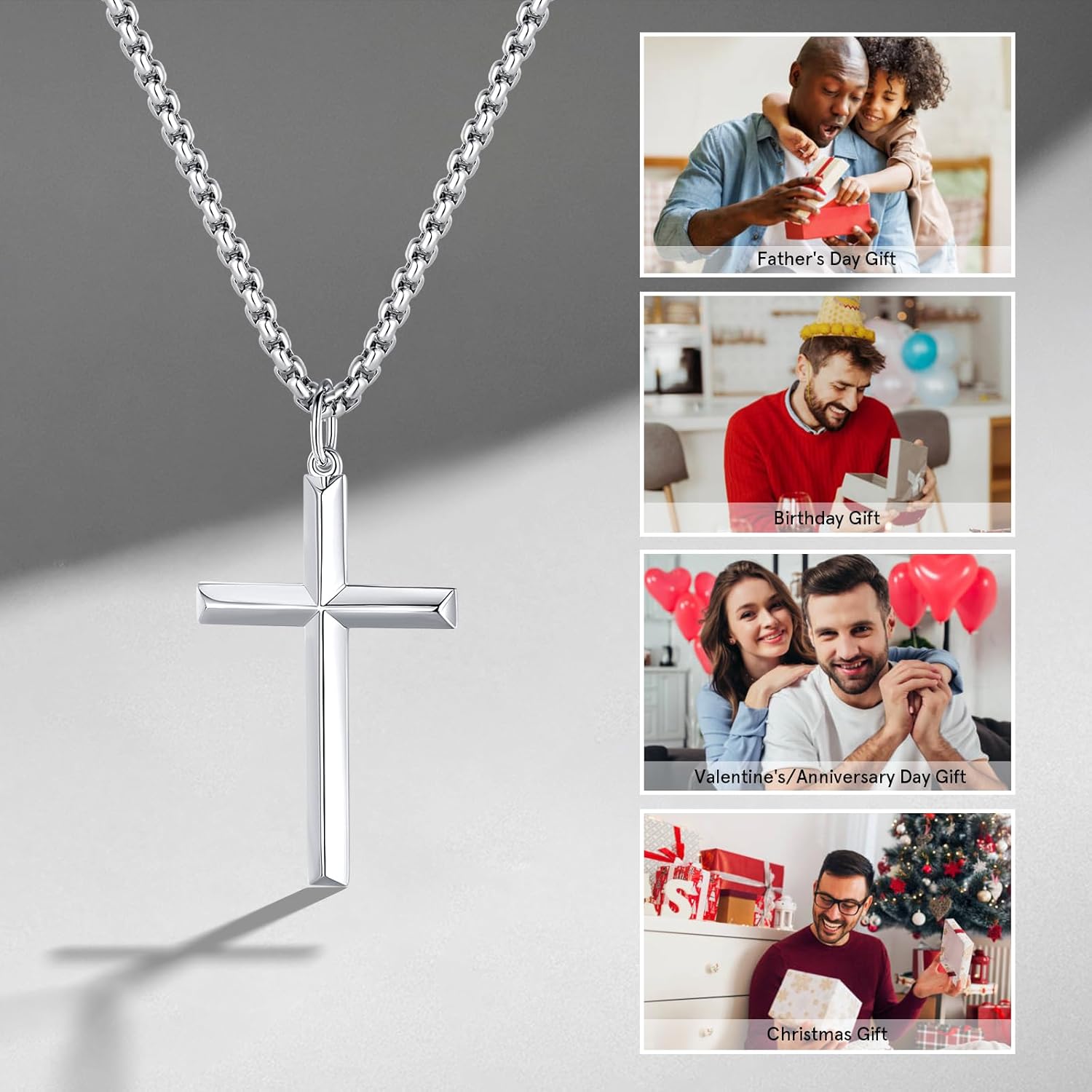 FANCIME Cross Necklace for Men Sterling Silver Cross Necklaces High Polished Gift For Men, Stainless Steel Box Chain Length 24 Inch - Image 5