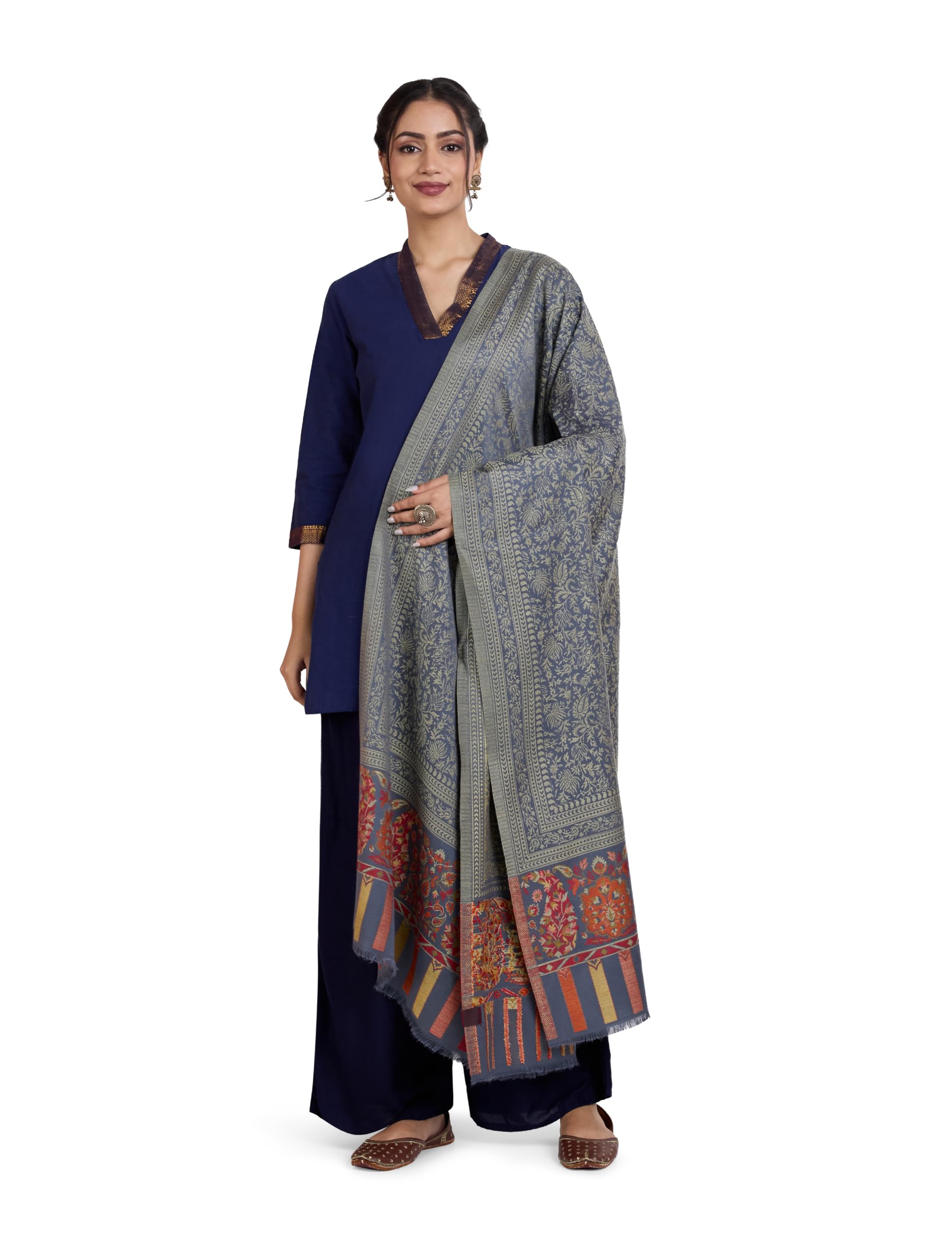 Women Premium Kashmiri Jacquard Woven Shawl | Paisley, Floral, Geometric Motifs | Soft Warm Winter Ethnic Wrap (Size: 102 X 208 CM)-image-42