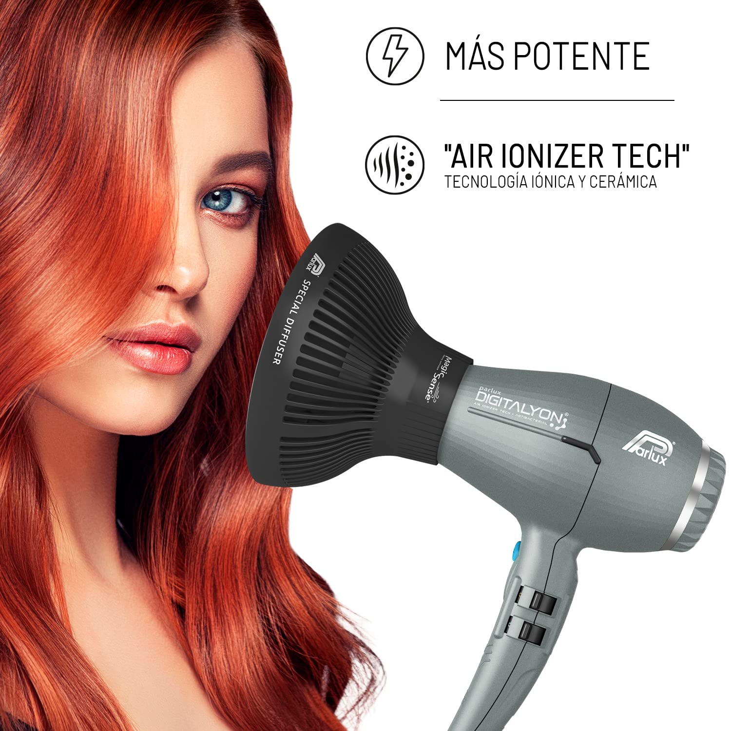 Pack Parlux Digitalyon con Difusor Magic Sense, Secador de cabello profesional con iones negatrivos, Muy ligero y potente, Fabricado en Italia, Color gris glitter