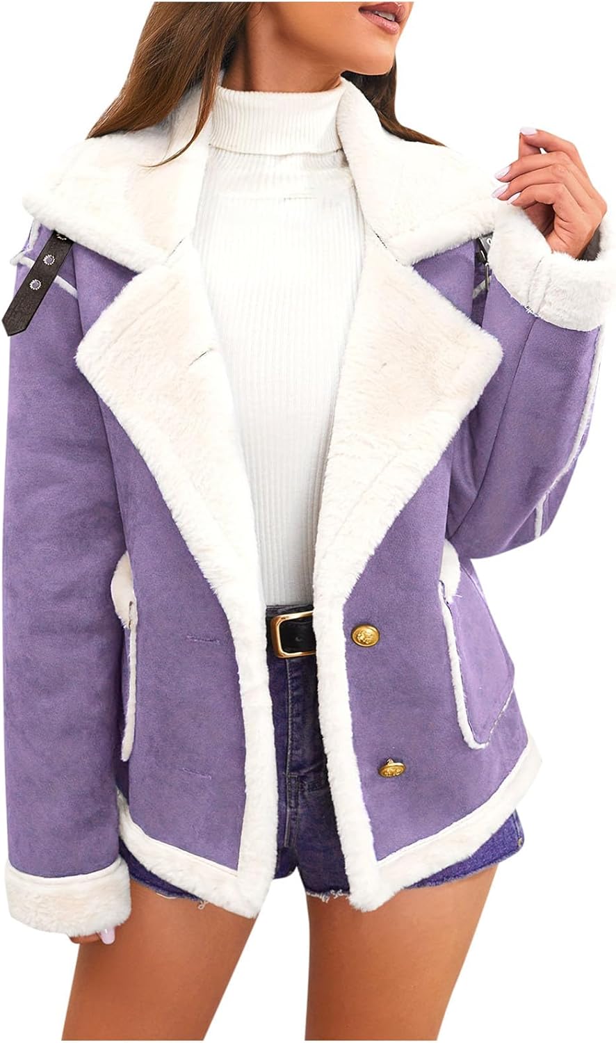Women's Faux Suede Jacket Sherpa Lined Fur Leather Winter Warm Shearling Sherpa-Lined Fuzzy Fleece Lapel Jackets