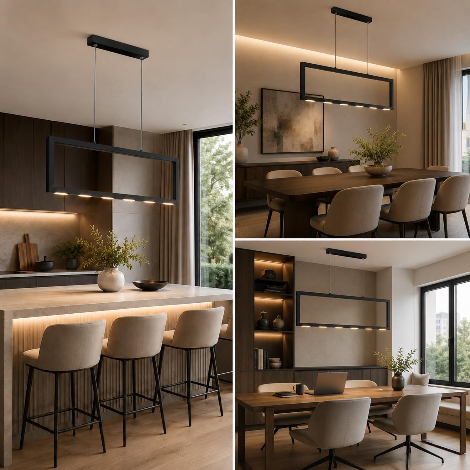LEDMyplace 33W LED Rectangle 1-Light Pendant Light Fixtures, Modern Kitchen Island, Indoor Dimmable Lighting, 1650 Lumens, 3000K Warm White, Black Finish Ceiling Hanging Lamp for Dining Room