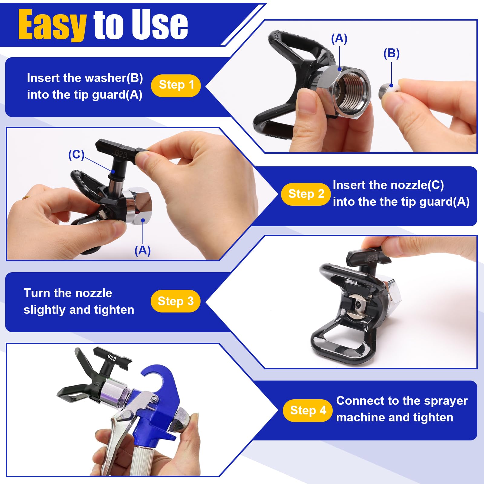 Coitak Juego de 15 boquillas de pulverización de pintura sin aire, 6 boquillas de pulverización reversibles con espaciador, 6 filtros pulverizadores de pintura sin aire, 1 colador de entrada de