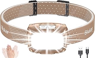 Headlamp Rechargeable, Blukar Super Bright COB Headlamp Headlight with Sensor Control & Red Lights, 8 Light Modes, Spotlight Floodlight Combination, Waterproof Flashlight, Emergency-Light Brown