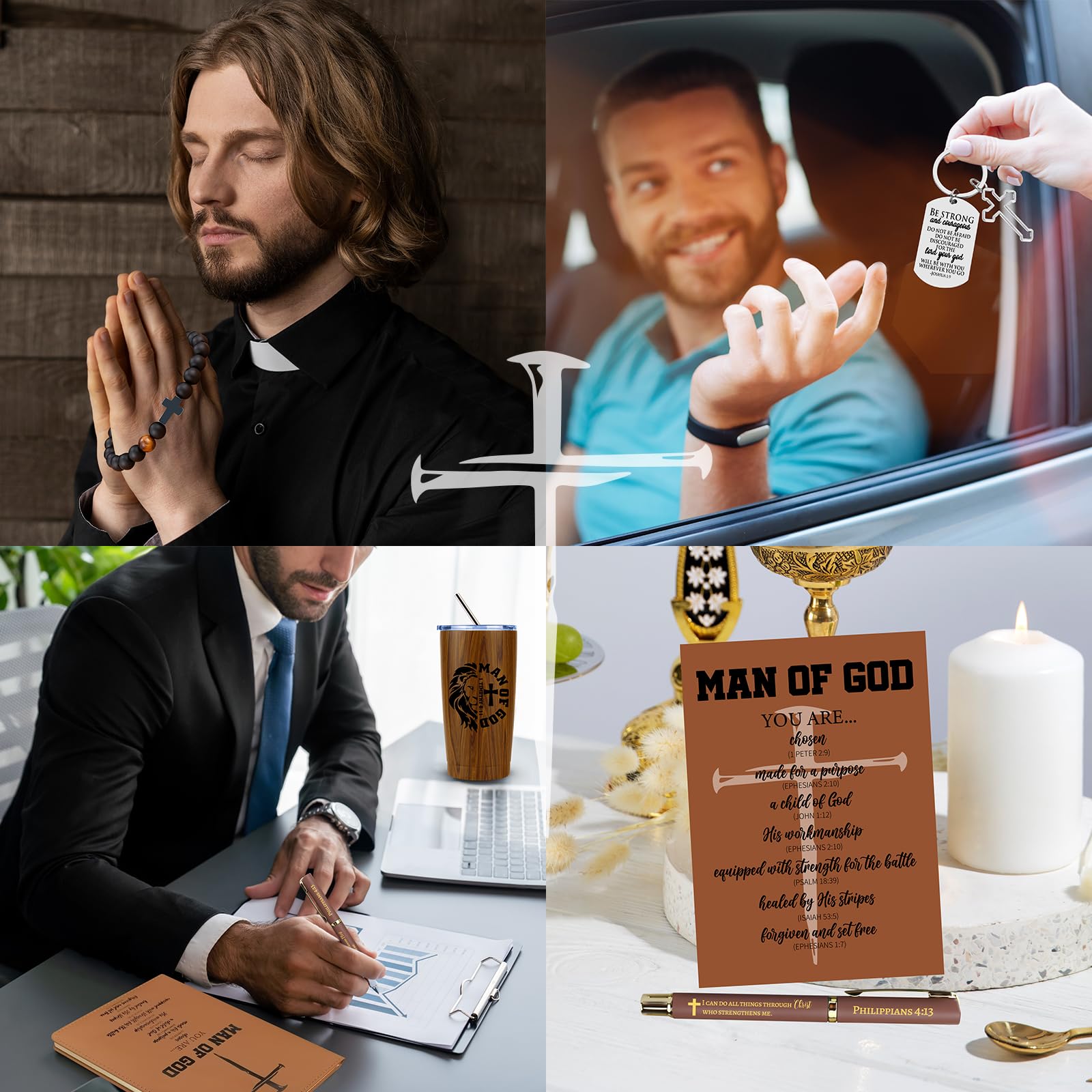 JTAMOHI 10 Pcs Christian Gifts for Men, Inspirational Religious Catholic Faith Spiritual Gift with 20 Oz Tumbler Hat Socks Bible Verses Leather Journal Pen Keychain for Dad, Husband, Grandpa, Friends