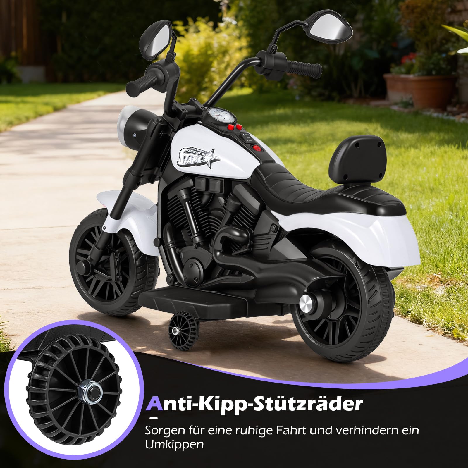 COSTWAY 6 V Kinder Motorrad Elektro, Kindermotorrad mit Scheinwerfer, Rückspiegel & 2 Stützrädern, Elektromotorrad mit Musik & Licht, 2,4 km/h, Elektrofahrzeug für Kinder ab 18 Monaten (Weiß)