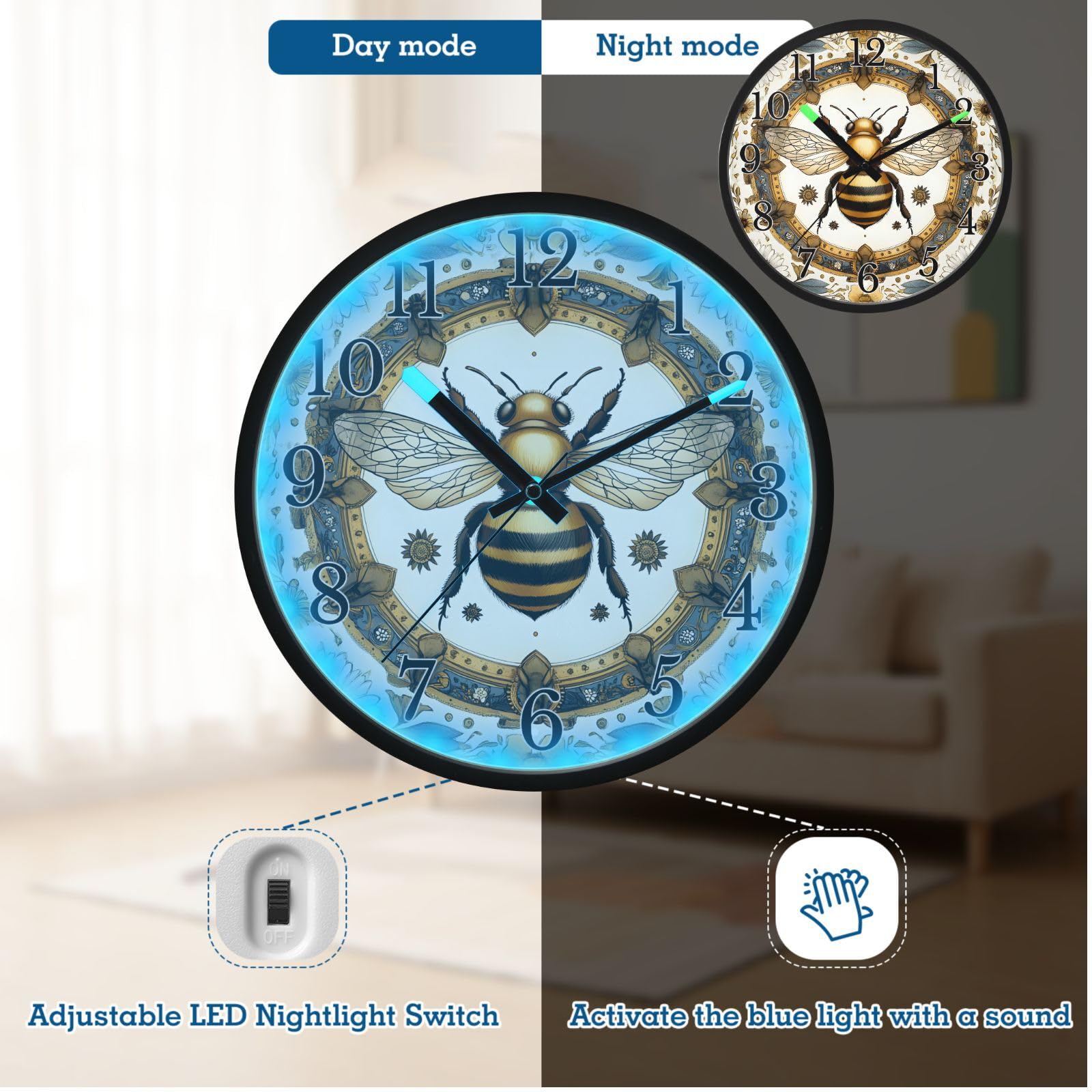 Mnsruu Reloj de pared luminoso con diseño de abeja, mandala, panal de abeja, funciona con pilas, silencioso, brilla en la oscuridad, para sala de estar, cocina, 30,5 cm