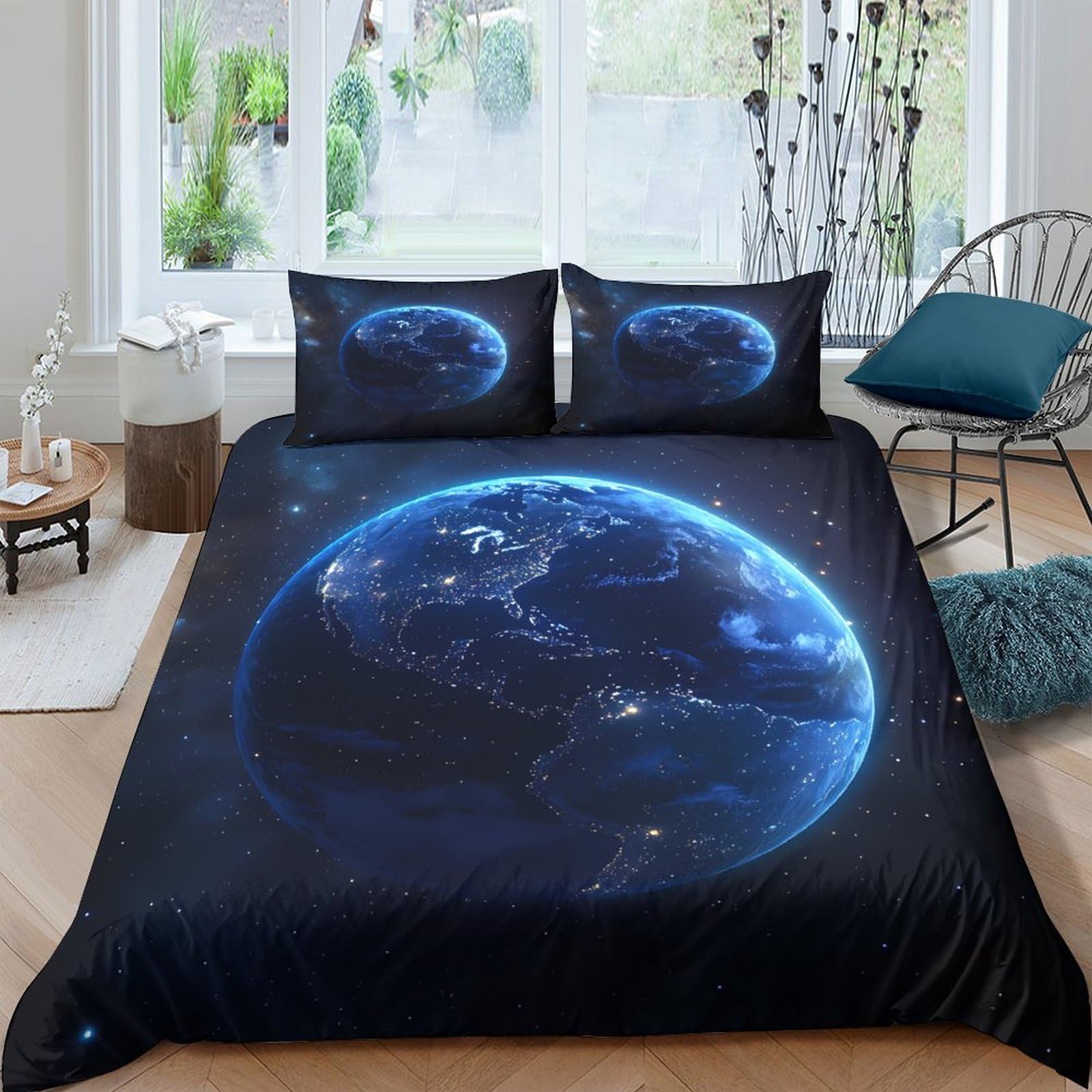Ctjqhvkz Style-3 3D Printed Earth Night View Fitted Sheet Microfiber Soft Bed Sheet Cosmic Planet Bed Cover Bedroom Decor Single（135X200cm）