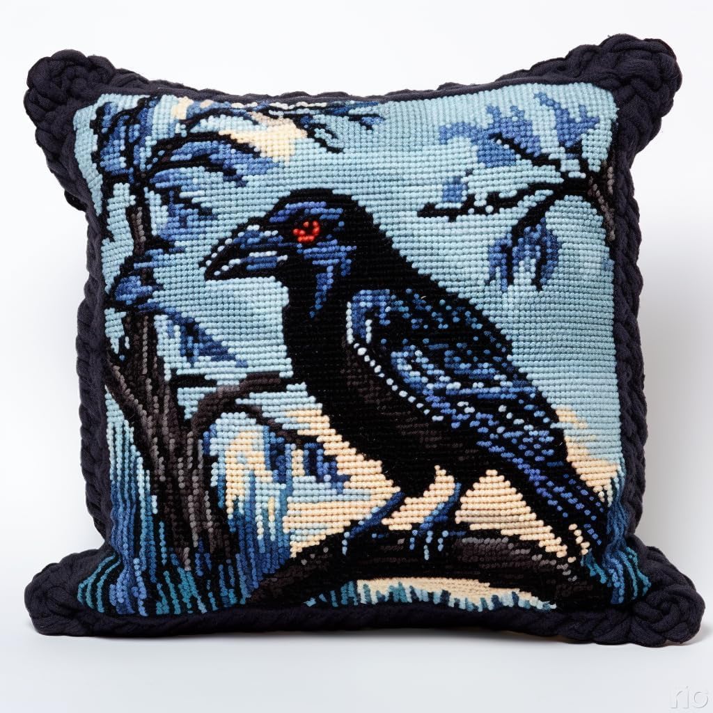 Henypt Latch Hook Kits for Adults, DIY Christmas Black Crow Pattern Pillow Cover Kit Needlework Cushion Cover Hand Craft Crochet for Home Sofa Decorations 17 X 17 Inch