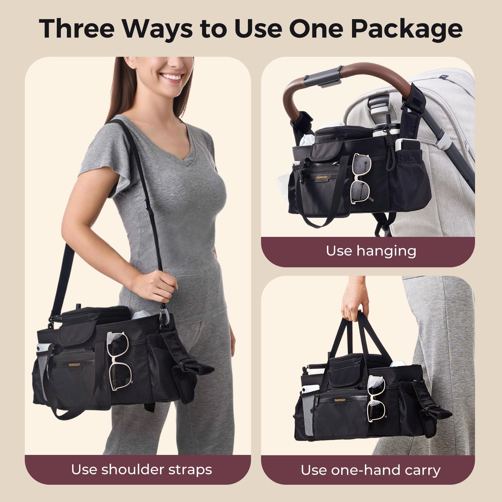 Momcozy Organiseur de poussette extra large | avec sac de dentition de qualité alimentaire | 2 porte-gobelets isothermes | sangles antidérapantes en silicone | utilisation à 3 voies | Petite pochette