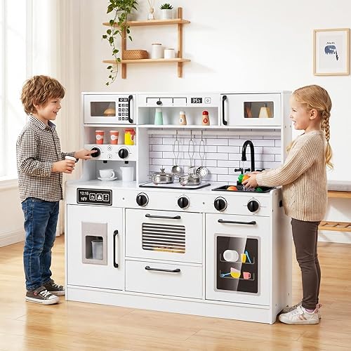 Miniatura 9 de INFANS Juego de cocina para niños, cocina de madera con sonido ligero realista, juguete de cocina para niños y niñas mayores de 3 años (blanco)