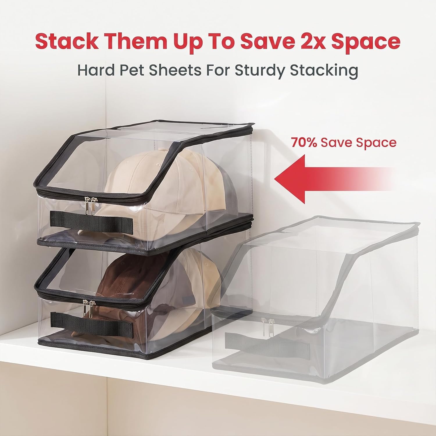 4 Pack Stackable Hat Storage Box for Baseball Caps Holds 48 Caps
