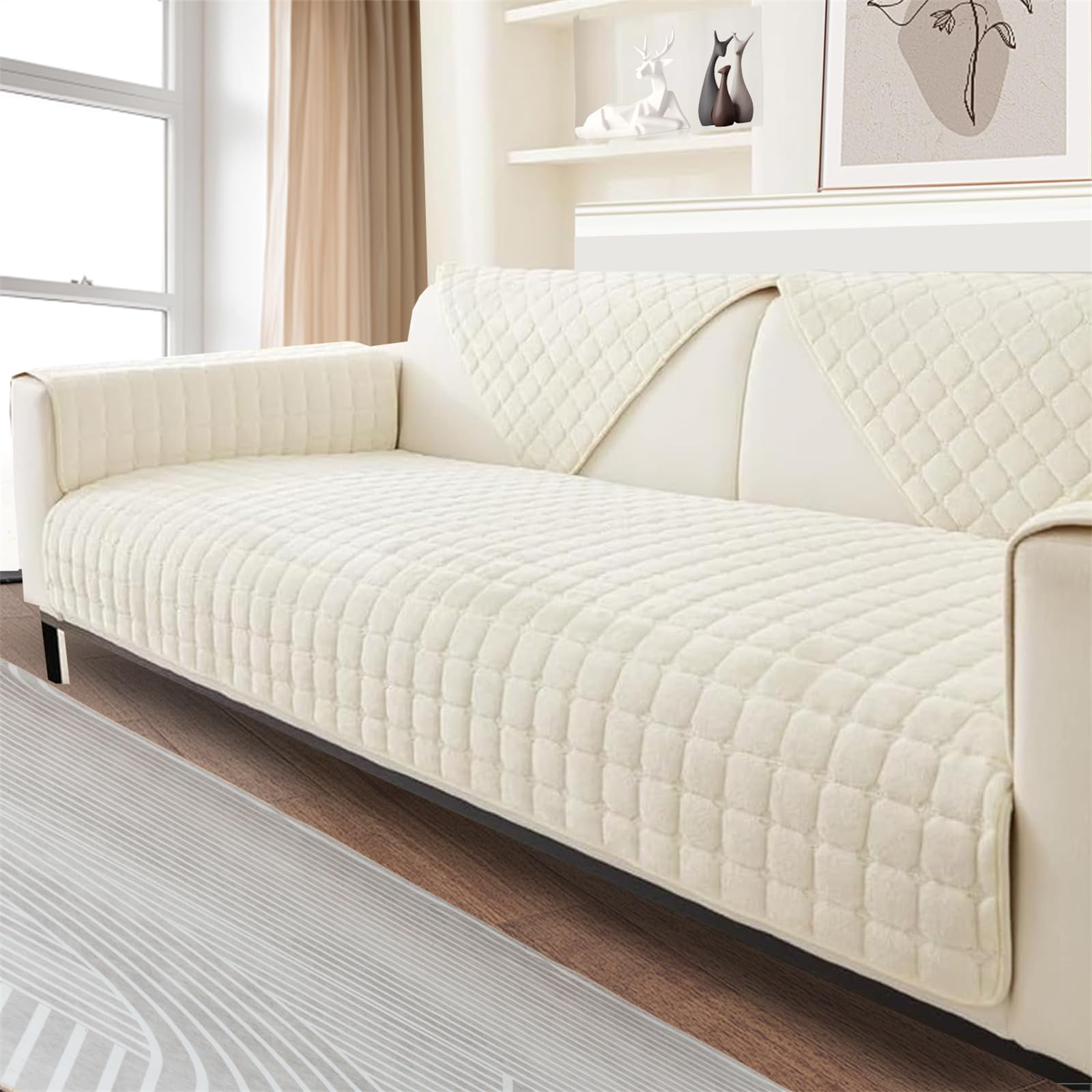 FASCINATDECO Soft Flannel Sofa Covers, Sofa Cushion Covers, Non-Slip Sofa Cover 1 2 3 Seater Couch Covers for Sectional Sofa, Sofa Slipcovers L Shape Furniture Protector (Off White,90x210cm) — image 1