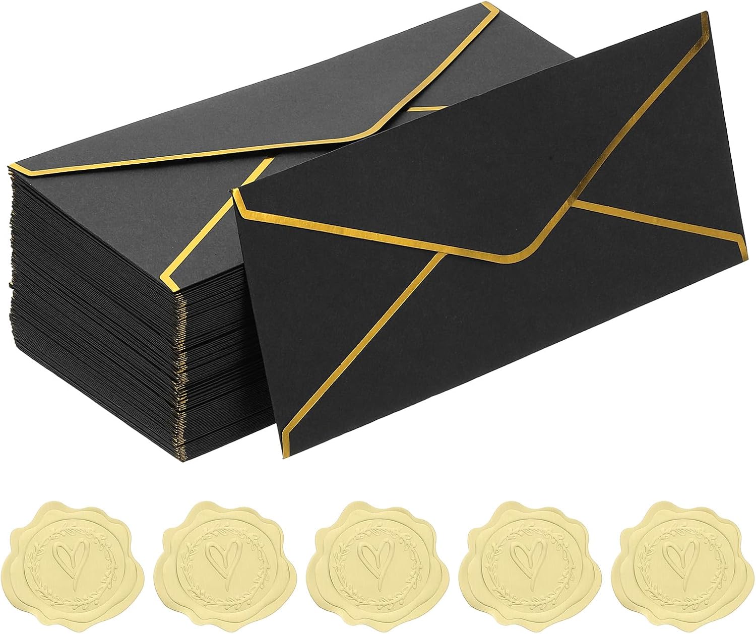 PATIKIL #10 150GSM Pretty Business Mailing Envelopes, 100Pcs 4.1 x 9.5" Self Seal Standard Letter Size Envelopes with Gold Border and Stickers for Christmas Wedding Cards, Black