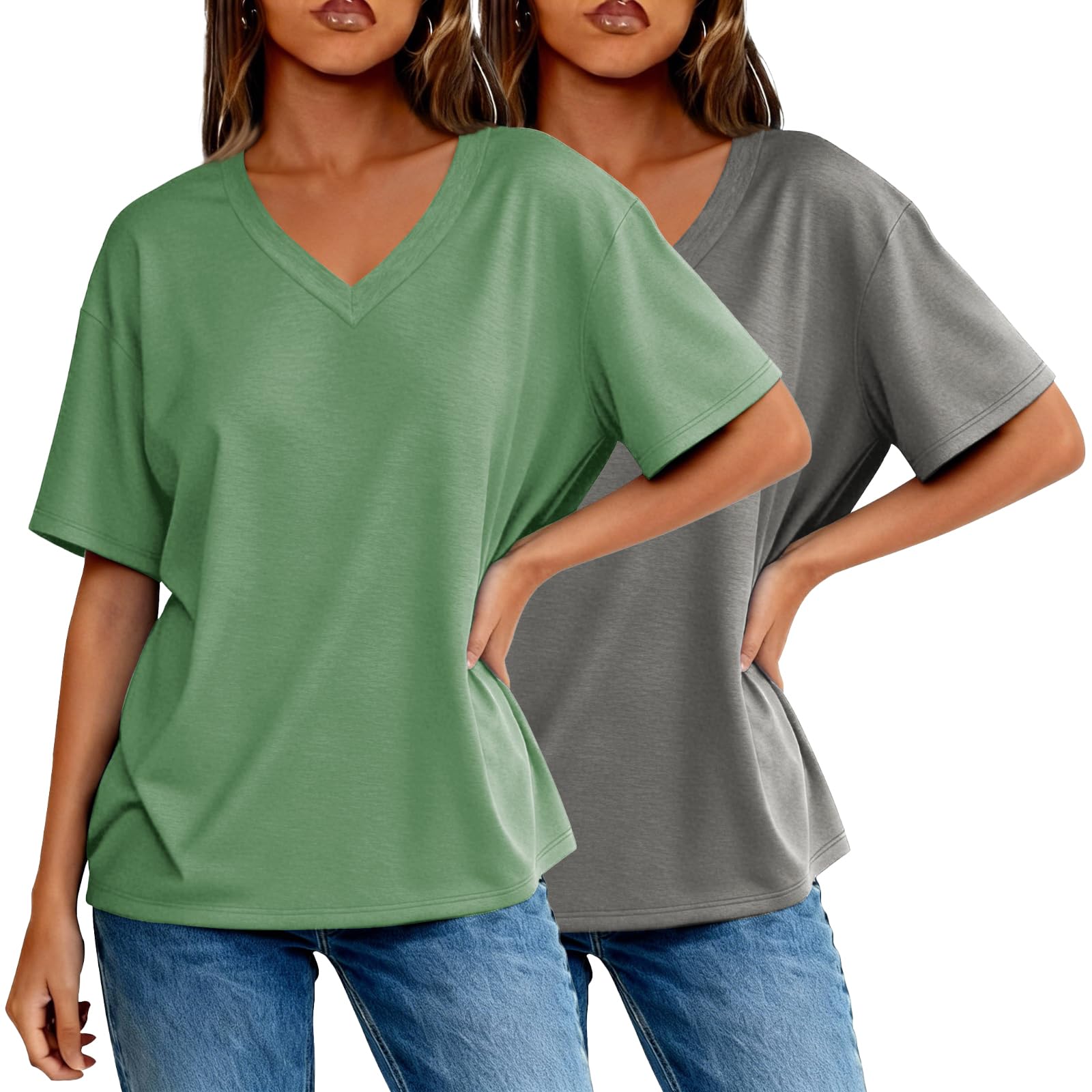 2 Pack Womens Summer Tops V Neck Short Sleeve T Shirts 2026 Basic Casual Tees Trending Clothes