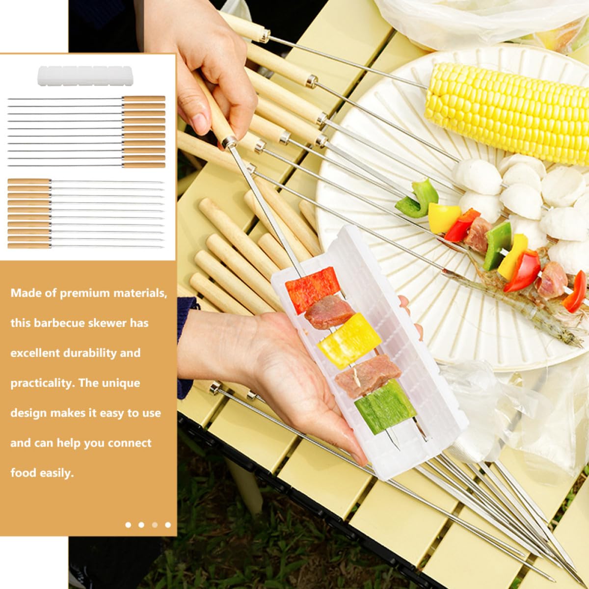 Brochetas de Barbacoa 21 Piezas de Acero Inoxidable Mango de Madera | Juego Completo, Fácil de Transportar y Guardar, para Hogueras y Fiestas Incluye Accesorio Maker