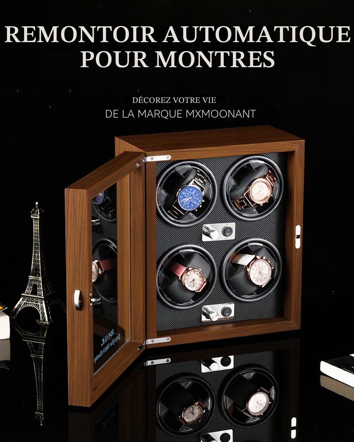 Mxmoonant Remontoir Automatique pour 4 Montres en Bois et Cuir 5 Modes de Rotation avec Moteur Silencieux alimenté par USB avec lumière LED pour Montres automatiques Stockage