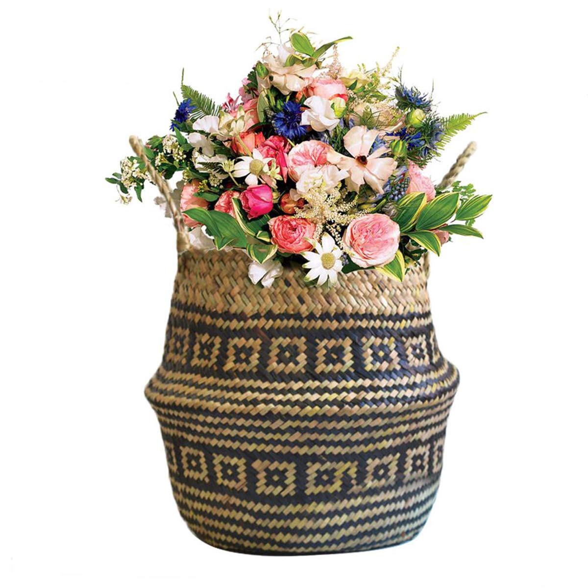 Ponacat Woven Seagrass Plant Pot Belly Basket Storage Basket with Handles for Laundry Toy