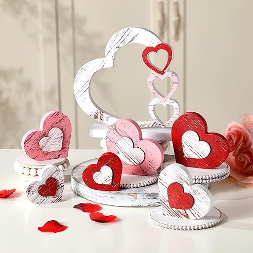 7 piezas de decoración de madera de San Valentín, bandeja escalonada, decoración retro de San Valentín, corazones, bloques, letrero rústico, centro